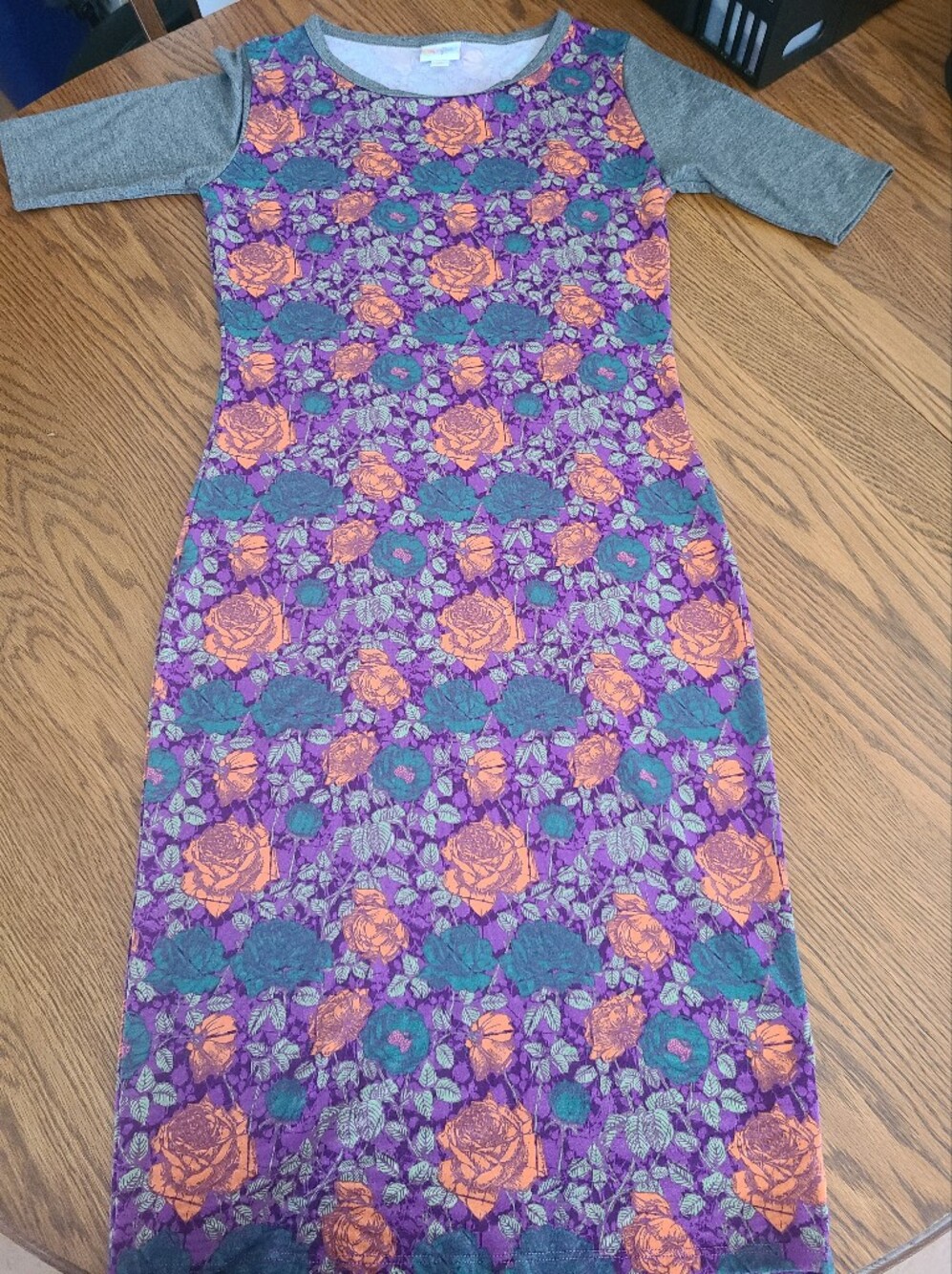 LuLaRoe Purple Floral Julia Dress with Orange Roses and Gray Sleeves